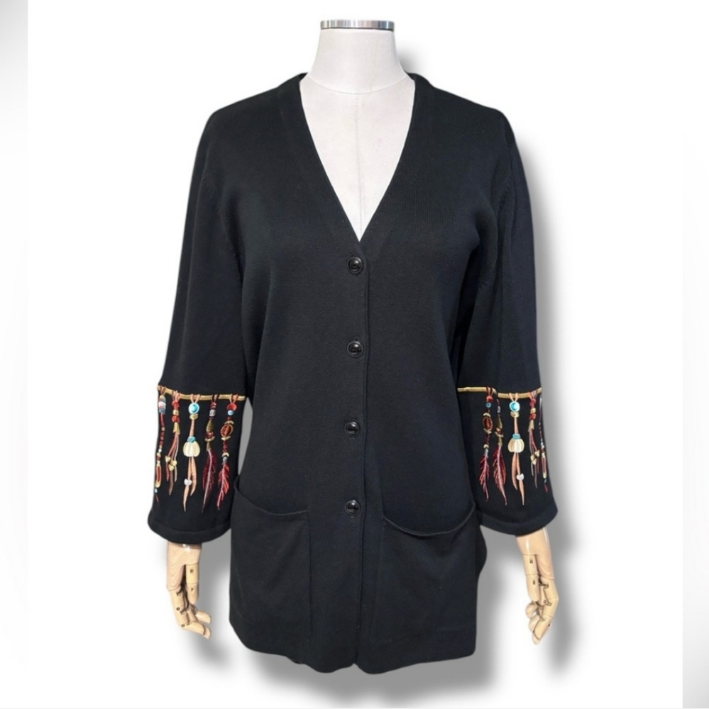 BOB MACKIE Black Longline Cardigan Embroidered Dreamcatcher Design VINTAGE - Picture 6 of 6